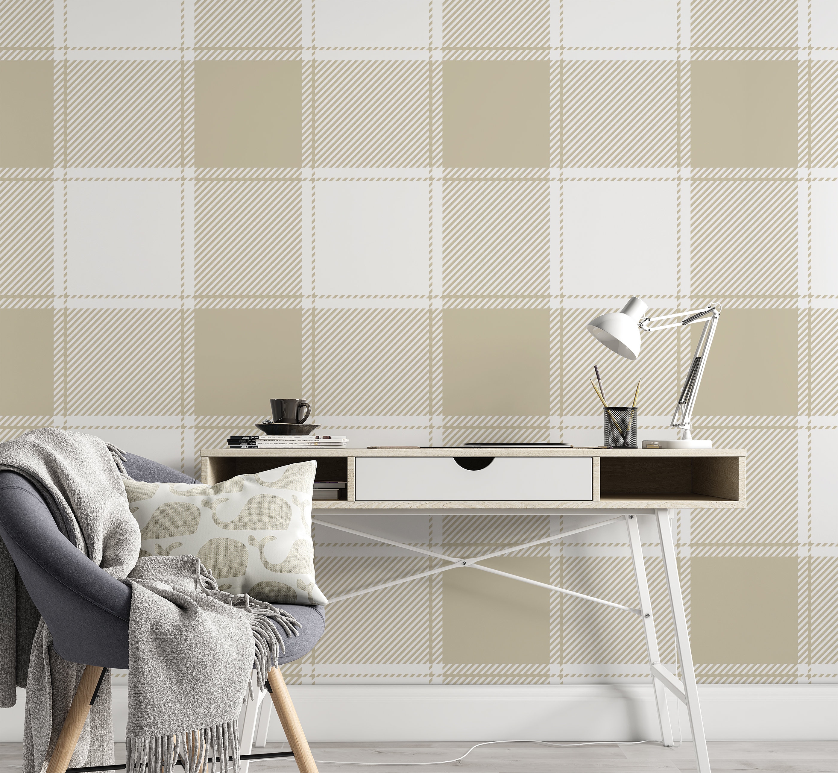 Large Buffalo Check Gingham Plaid Wallpaper Gray Beige Etsy