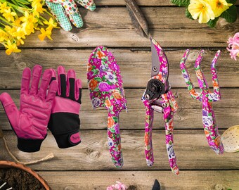 Gardening Gift Set Includes 3 Piece Garden Tool Set in Pink Floral Design and High Quality Gardening Gloves