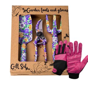 Gardening Gift Set Includes 3 Piece Garden Tool Set in Purple Floral Design and High Quality Gardening Gloves