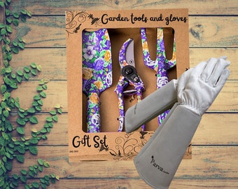 Gardening Gift Set Includes 3 Piece Garden Tool Set in Pink Floral Design and High Quality Elbow Length Gardening Gloves