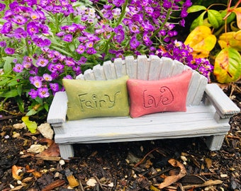 Fairy Bench with attached Pillows "Fairy" & "Love", Fairy Garden Bench, Fairy Garden Accessory, Small Gift, Add to Fairy Garden Village