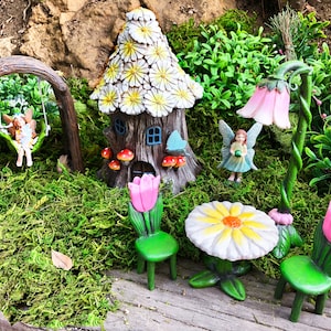 Fairy garden gift set daisy themed includes fairies tables and chairs fairy house fairy swing light post