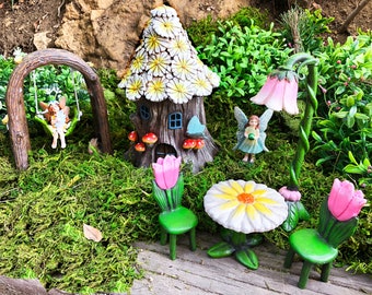 Premium Fairy Garden Kit - Fairy House, Fairies and Fairy Seating, FREE SHIPPING (7, Fairy House w/Yellow Daisy Roof)