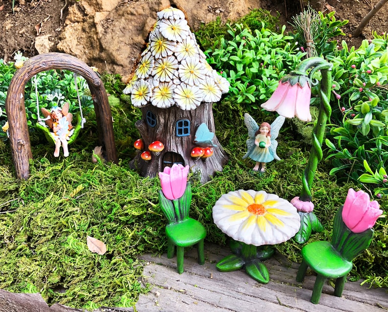 Fairy garden gift set daisy themed includes fairies tables and chairs fairy house fairy swing light post