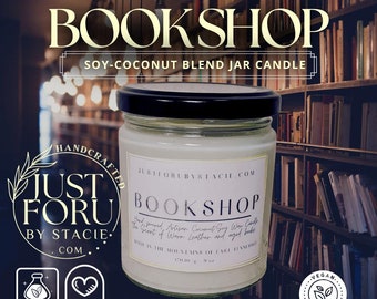 Bookshop scented, Soy Coconut Handmade Jar Candle, 9oz