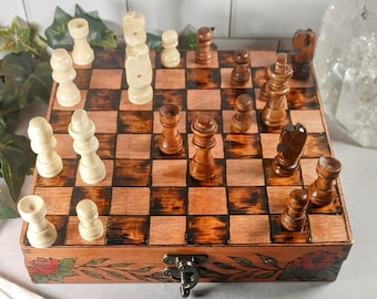 Chess Set Cigar box, Rose and Ivy wood burned, handcrafted