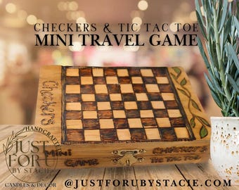 Checkers and Tic Tac Toe Mini Travel Game,  Handmade, Wood-burned