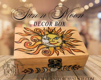 Sun & Moon, Hand wood burned Decor Box