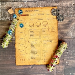 May include: A tabletop RPG character sheet with dice, corks, and decorative glass vials. The sheet is aged with a parchment-like appearance. Two vials are wrapped with twine and faux leaves. Two skull-shaped tokens are also present.