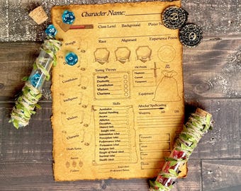 DND 5E キャラクターシート：ヴィンテージ羊皮紙印刷可能RPGテンプレート | ダークアカデミアファンタジーゲームアクセサリ | デジタルダウンロード