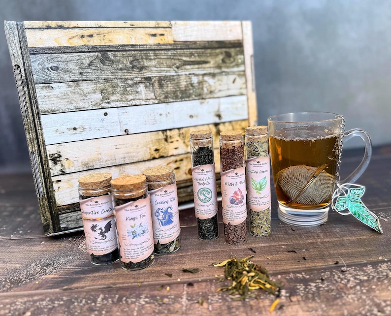 Book Lover Tea Gift Bundle Premium Wooden Box Collection Custom Message Tea Set Reading Companion Present Special Loose Leaf Tea Sampler Metal Infuser Birthday Gift Package Fantasy Inspired Blends Lord of the Rings Gift Hobbit Gift Handcrafted Box
