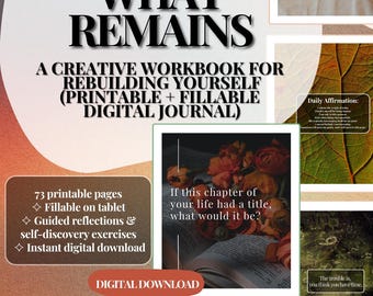 May include: A digital workbook titled "What Remains" with the subtitle "A Creative Workbook for Rebuilding Yourself." The image features text, floral arrangements, and a quote: "If this chapter of your life had a title, what would it be?" Includes 73 printable pages.