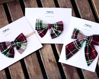 Christmas Plaid Sailor Bow, Red Green Plaid Christmas Bow, Christmas Headband, Red Green Tan Plaid Fabric, Christmas Hair Clip