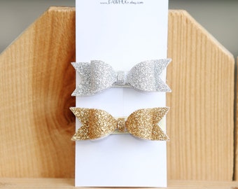 Gold/Silver Glitter hair bow Set, Baby Headbands, Baby Girls hair bow, Glitter Bows, Christmas hair clip, Gold Glitter Bow, Christmas Bows