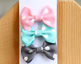 Set of 3 polka dot baby girl hair clip( Pink/Mint/gray) | Polka dot hair clip, baby girl hair clip, baby girl hair ribbon, hair bow