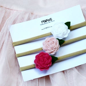 Juego de diademas de flores de fieltro de 3 / diadema para recién nacidos, diadema para bebés, diadema para niños pequeños, accesorio fotográfico, juego de inicio para recién nacidos