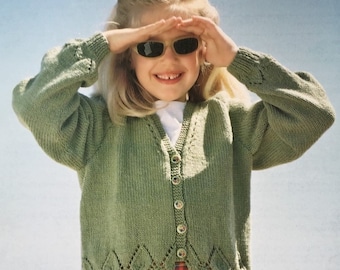 Girls, Toddlers and Babies Pretty Raglan Sleeve Cardigan with Round or V-Neck, Vintage Knitting Pattern, PDF, Digital Download - A558