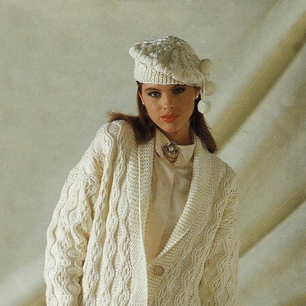 Ladies Lovely Aran Jacket avec col châle, Tam et jupe côtelée en deux longueurs, modèle de tricot vintage, PDF, téléchargement numérique - C109