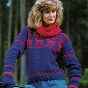 Ladies Lovely Nordic Style Fair Isle Sweater with Reindeer Yoke, Vintage Knitting Pattern, PDF, Digital Download - C209