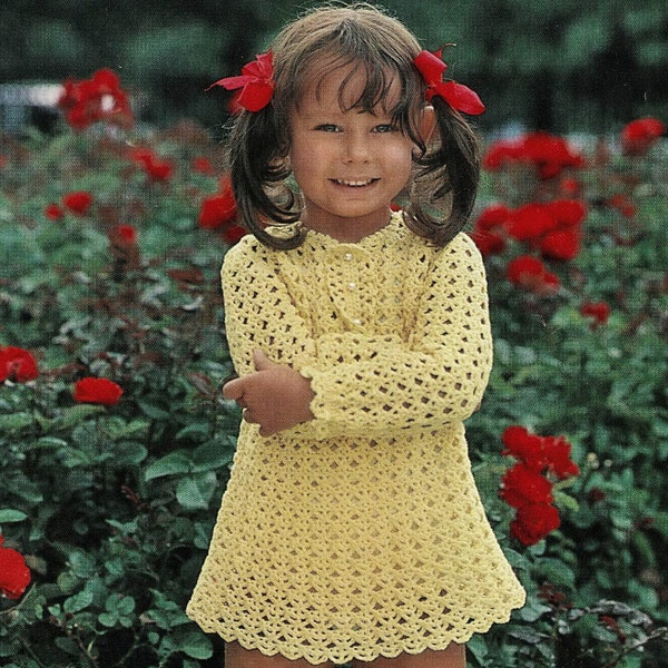 Toddlers and Girls Pretty Crochet Long Sleeve Dress, Vintage Crochet Pattern, PDF, Digital Download - C180