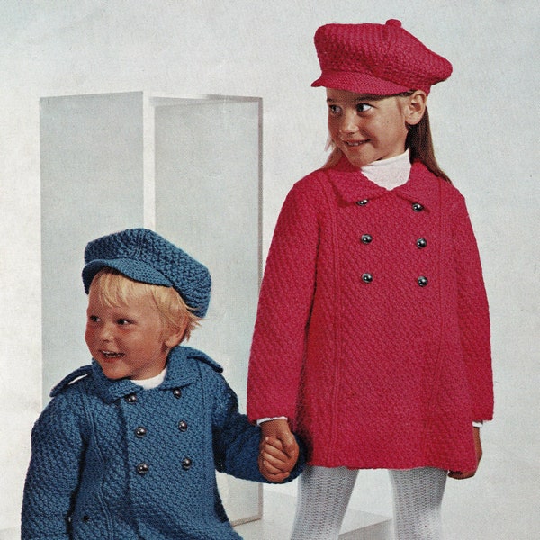 Toddlers and Childrens Double Breasted Coat and Matching Cap, Vintage Knitting Pattern, PDF, Digital Download - B698