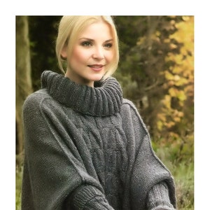 Ladies Aran Cable Poncho with Roll Neck and Inset Cuffs, Vintage Knitting Pattern, PDF, Digital Download - B785