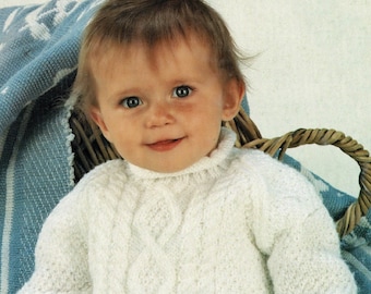 Söt tröja i aran-stil med rullade kanter för bebisar och småbarn, vintage stickmönster, PDF, digital nedladdning - C498