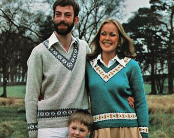Traditional Shetland V Neck Sweaters with Fair Isle Bands for all the Family, Vintage Knitting Pattern, PDF, Digital Download - C693