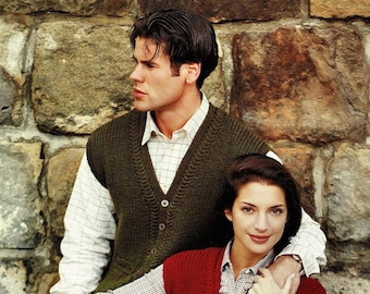 Ladies and Mens Fishermans Rib Waistcoat with Cable Trim, Vintage Knitting Pattern, PDF, Digital Download - C710