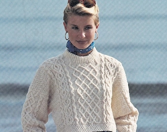 Damtröja med rund halsringning, beskuren Aran-tröja, vintage stickmönster, PDF, digital nedladdning - D930