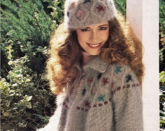 Ladies Lovely Mohair Jacket and Hat with Embroidered Detail, Vintage Knitting Pattern, PDF, Digital Download - D527