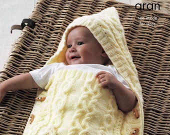 Baby's Aran slaapzak met capuchon, deken en bijpassend kussen, vintage breipatroon, PDF, digitale download - A712