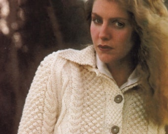 Ladies Lovely Aran Look Cardigan with Collar or Round Neck, Vintage Knitting Pattern, PDF, Digital Download - D302
