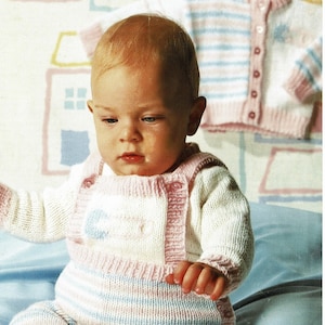 Babies Cute Cardigan and Sweater with Matching Overalls, Vintage Knitting Pattern, PDF, Digital Download - A396