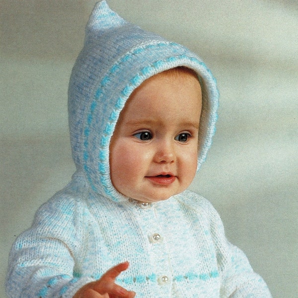 Babies Cute Pixi Hooded Jacket with Contrast Stripes, Vintage Knitting Pattern, PDF, Digital Download - A664