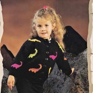 Toddlers and Childrens Cute Dinosaur Cardigan, Vintage Knitting Pattern, PDF, Digital Download - D151
