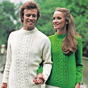 Ladies and Mens Sweater with Front Cable Panel in Three Yarn Weights, Vintage Knitting Pattern, PDF, Digital Download - D216