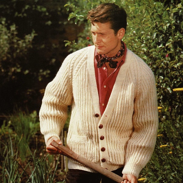 Mens Great Fishermans Rib V-Neck Cardigan with Cable Raglans, Vintage Knitting Pattern, PDF, Digital Download - B868