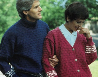 Ladies and Mens Textured Aran Cardigan and Sweater with Fair Isle Bands, Vintage Knitting Pattern, PDF, Digital Download - B841