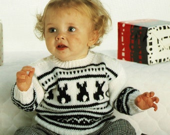 Babies And Toddlers "Easy Knit" Fair Isle Sweater with Cute Bunny Motif, Vintage Knitting Pattern, PDF, Digital Download - A621