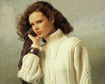 Ladies Great Long Line Aran Sweater in Reverse Stocking Stitch with Cable Panels, Vintage Knitting Pattern, PDF, Digital Download - B981