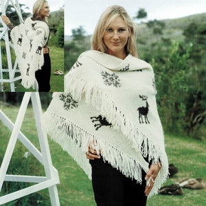 Ladies Fabulous Shawl with Moose and Snowflake Motifs, Vintage Knitting Pattern, PDF, Digital Download - C372