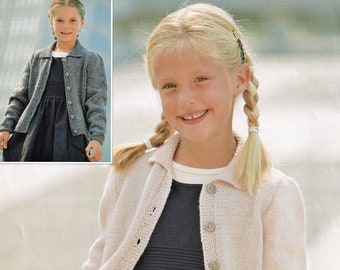 Het "Easy Knit" vestje voor peuters en meisjes met boorden en kraag in mossteek, vintage breipatroon, PDF, digitale download - D139