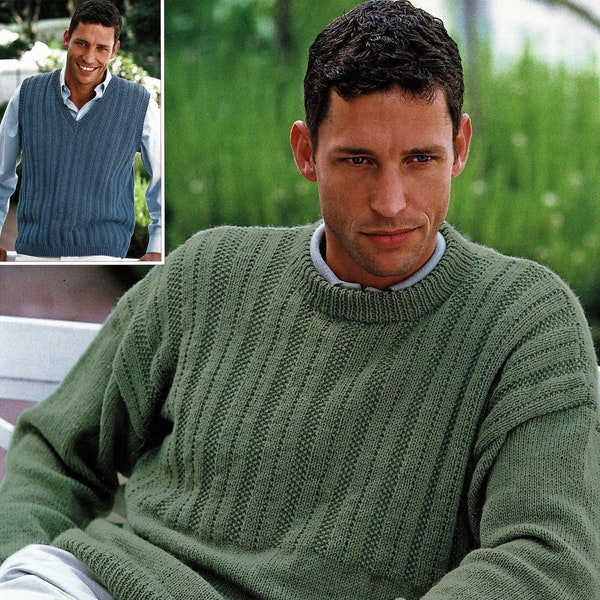Mens "Easy Knit" Guernsey Style Sweater and V Neck Vest, Vintage Knitting Pattern, PDF, Digital Download - C852