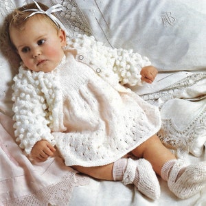 Babies Pretty Bobble Stitch Cardigan, Eyelet Stitch Dress and Garter Stitch Shoes, Vintage Knitting Pattern, PDF, Digital Download - A158