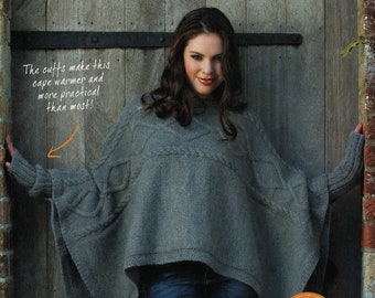 Ladies Aran Cable Poncho with Inset Cuffs, Vintage Knitting Pattern, PDF, Digital Download - B960