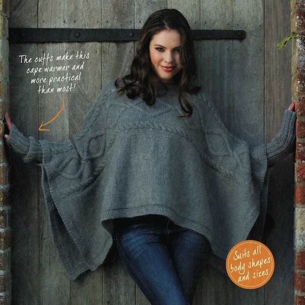 Ladies Aran Cable Poncho with Inset Cuffs, Vintage Knitting Pattern, PDF, Digital Download - B960