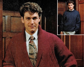 Mens Smart Shawl Collar Jacket and Round Neck Sweater, Vintage Knitting Pattern, PDF, Digital Download - A452