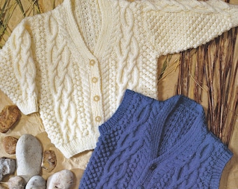 Toddlers and Childrens Traditional Aran V-Neck Cardigan and Waistcoat, Vintage Knitting Pattern, PDF, Digital Download - D123