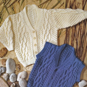 Toddlers and Childrens Traditional Aran V-Neck Cardigan and Waistcoat, Vintage Knitting Pattern, PDF, Digital Download - D123